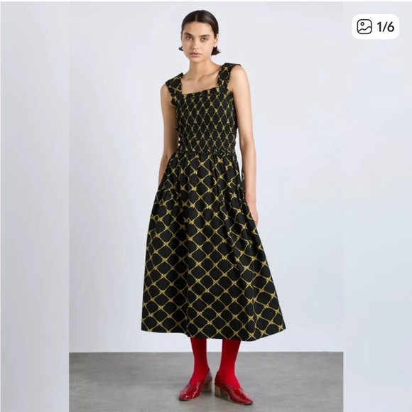 Damson Madder Dresses & Skirts - Chic Black and Gold Patterned Midi Dress